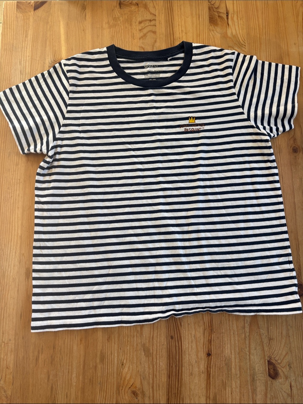 Uniqlo Navy & White Striped Short Sleeve Tee with Yellow Crown Embroidery